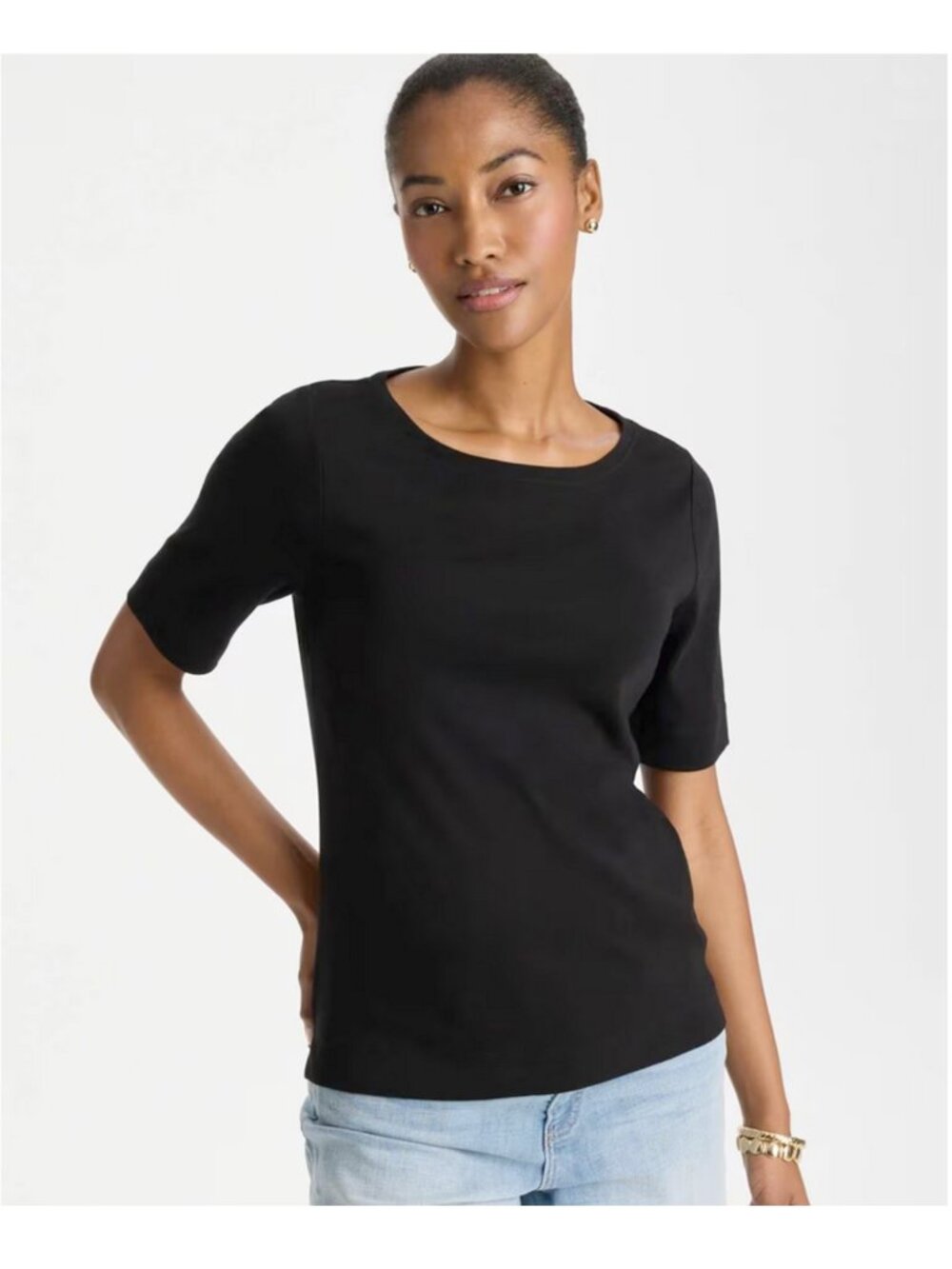 2 Chico's Pima Cotton Elbow Sleeve Tees Solid White Solid Black - Picture 3 of 9